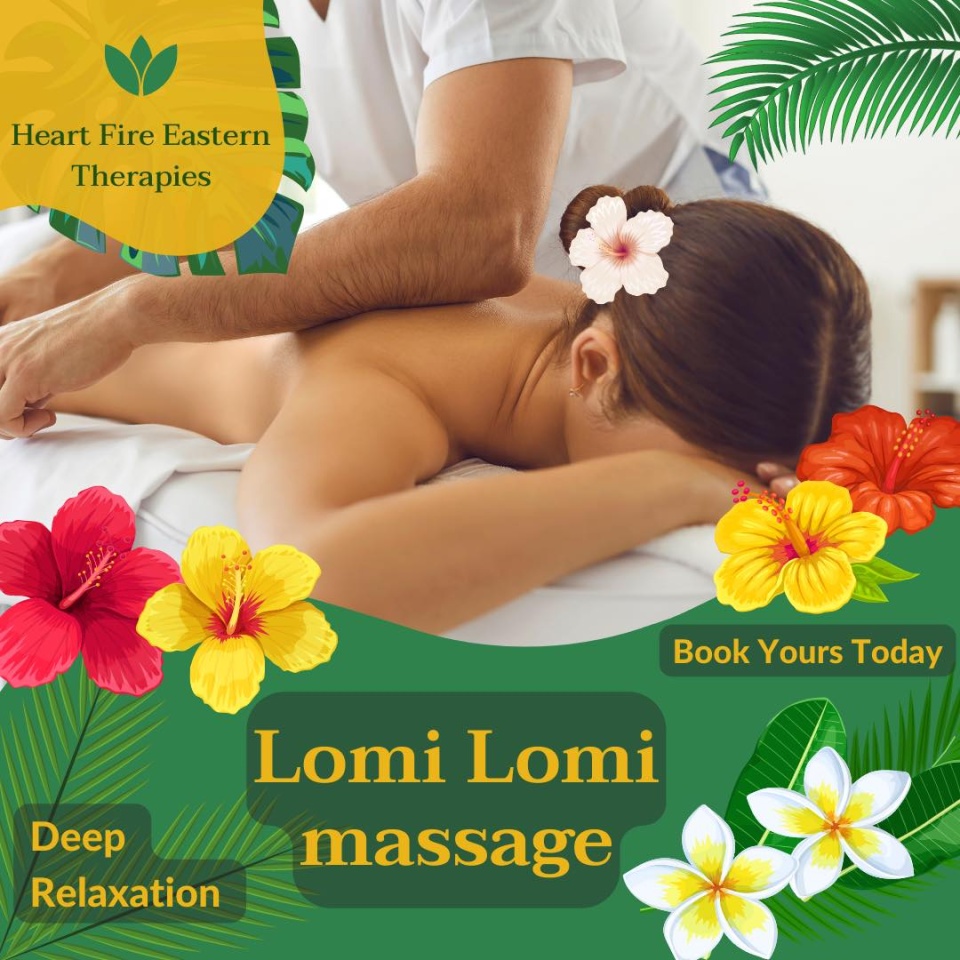 Image of a massage. Text reads Lomi Lomi Massage, Deep Relaxation, Book yours today