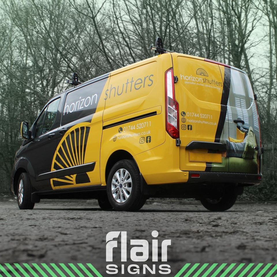 Flair signs example on a van, their logo and design for horizon shutters