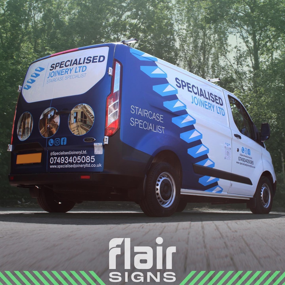 flair signs design on a van. Blue and white, for specialised joinery ltd.