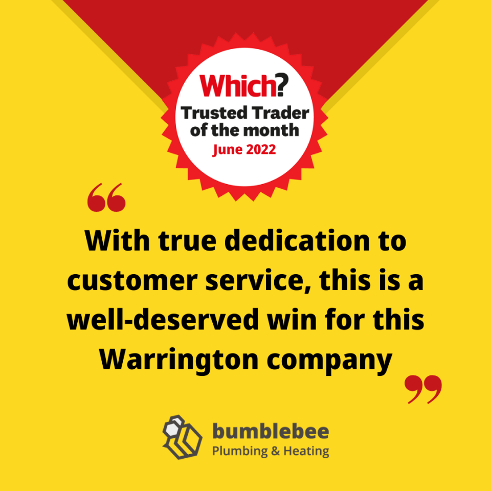 A review of Bumblebee Plumbing & Heating which reads 'Trusted Trader of the Month', 'With true dedication to customer service, this is a well-deserved win for this Warrington company'