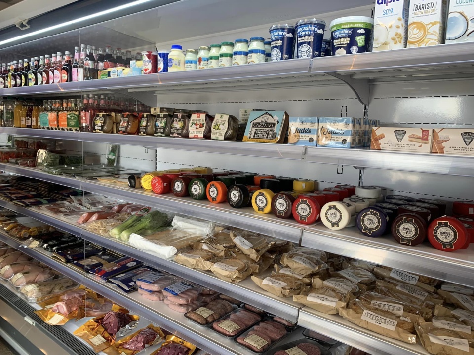 Cheese and meat and milk at halebank farmshop