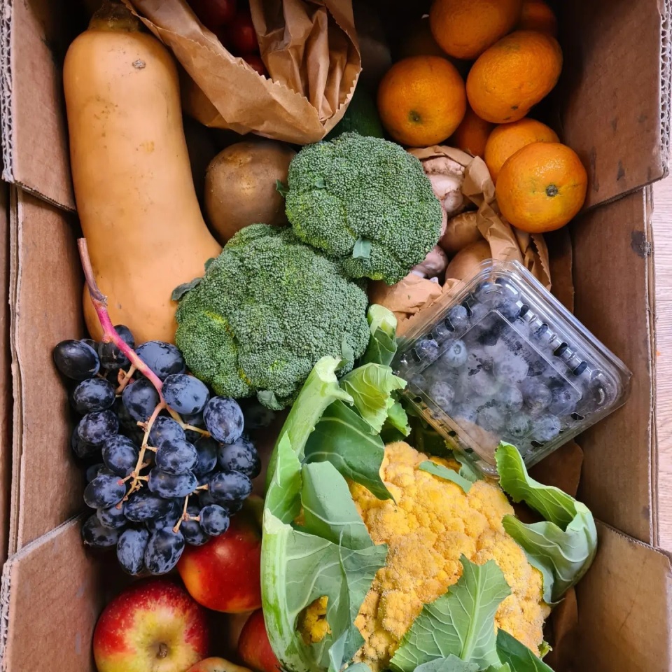 Box of fruit and vegetables, brightly coloured. Blueberries, grapes, broccoli, oranges, apples, potatoes and squash