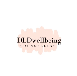Text reads 'DLD Wellbeing counselling', on a pale pink sketch like drawn background