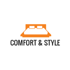 Logo. On the top in the centre, there is a double bed drawn, with an orange headboard and border. The pillows and duvet are white, and it is a simple illustration with no detail. Underneath the bed the text reads 'COMFORT & STYLE' in bold black text.