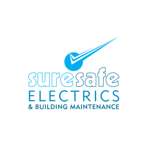 Sure Safe logo is shown. Suresafe text is written with different shades of blue outlining the white text. Blue and dark blue. Underneath is written 'electrics', then underneath electrics '& building maintenance' this text is slightly smaller, and capitalised, and a dark blue.