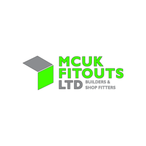 3D Cube on the left hand side. One side is grey (on top), the side on the right is neon green. Text reads 'MCUK FITOUTS LTD'. First two words are neon green, LTD is in grey. Next to the logo in smaller lettering, it reads 'builders & shop fitters'.
