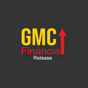 GMC Logo, on a dark background, GMC is in bright yellow text, Financial in bright red, with the L represented by a large arrow pointing up, and release underneath in white text