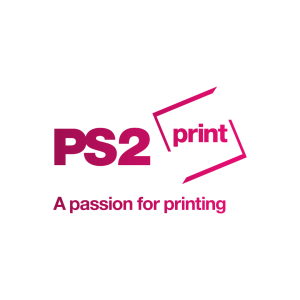 PS2 Print Logo. Reads 'PS2 Print', 'A Passion for Printing'. Text is all a salmon pink colour, going very subtly from a darker pink to a lighter pink on the right hand (very subtle). 'Print' is bordered with two half borders with a spiked edge, roughly at 45 degree angles top and bottom.