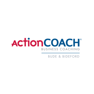 ActionCOACH logo, Action is bright red with the dot of the I blue, the Coach blue, with 'business coaching' written below the logo, and 'bude & bideford'