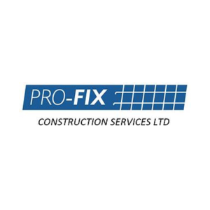 Pro-Fix Logo, on blue background with grid lattice decoration on the right hand side. Written underneath text reads 'Construction Services Ltd'