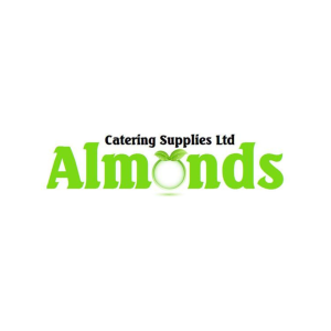Logo is a bright neon green colour. It reads Catering Supplies Ltd in smaller text, and black, then Almonds below it is larger and in the centre of the frame, with a leaf above the O.