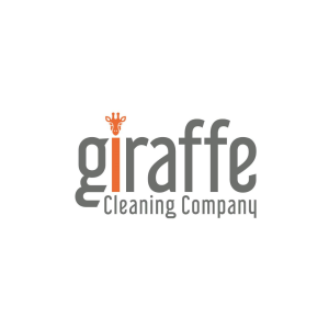 Text reads 'Giraffe, cleaning company'. The I is orange, with an illustration of a giraffe for the dot. Cleaning company is in smaller text, underneath the text 'giraffe'.