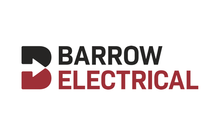 barrow electrical logo. Barrow is in black text, and electrical is in red text. At the left side of the words, there is a B with black and red colours (top and bottom) and a see through arrow in the middle.