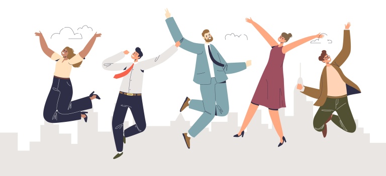 Illustration of working people in suits and dresses jumping for joy
